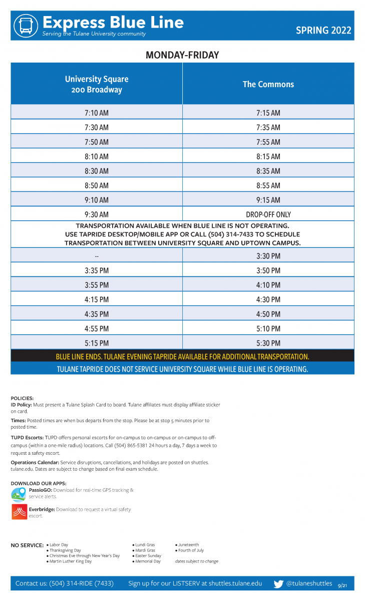 Express Blue Line Schedule for Spring 2022